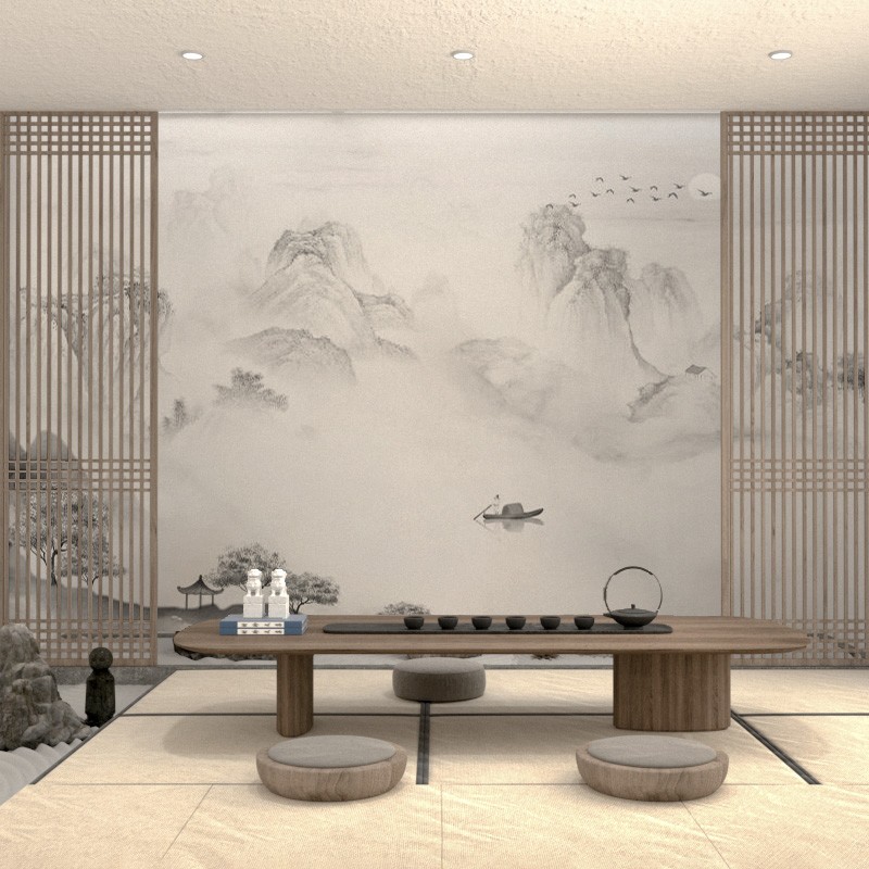 新中式茶室背景墙装饰壁画墙布客厅电视墙纸书房墙布卧室山水壁画_虎窝淘