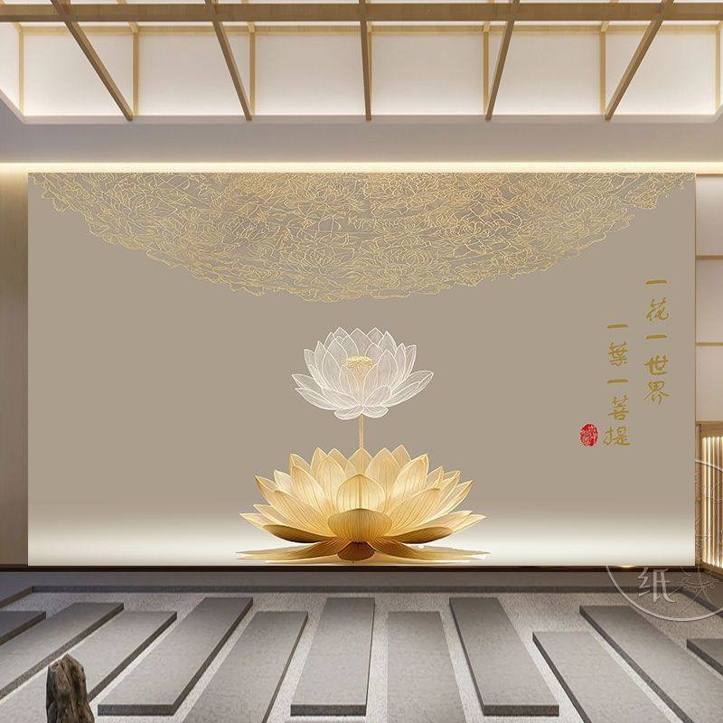 荷花壁纸中式静心莲花禅意壁画客厅书房茶室佛堂堂口寺庙背景墙布,家装主材,定制壁画,淘宝优惠券,粉丝福利购,淘宝优惠卷