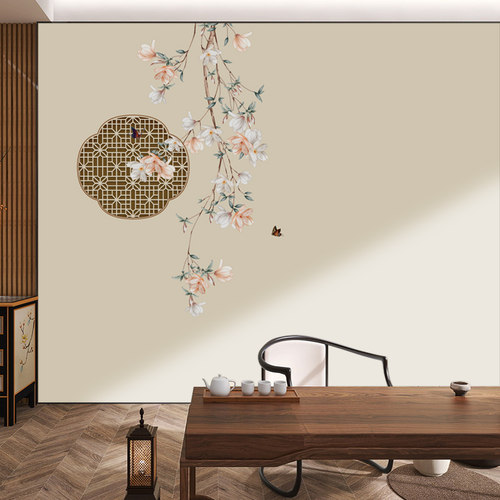 新中式花鸟背景墙壁画墙壁纸萱彤