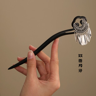 双面檀木发簪新中式女古风盘发簪中国风流苏步摇木发钗发饰簪子