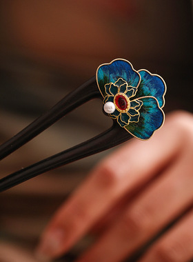 U型檀木发簪手工绒花蓝色气质日常简约盘发簪国风