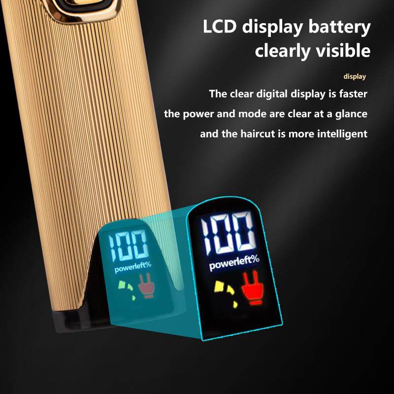 Gold electric hair cutter, shaved head and cut, charged hair