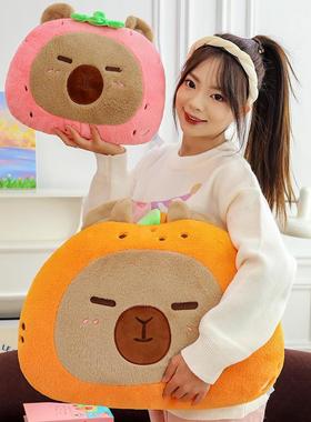 Cartoon Kapibara with a pillow on a fuzzy toy. Dolphins off