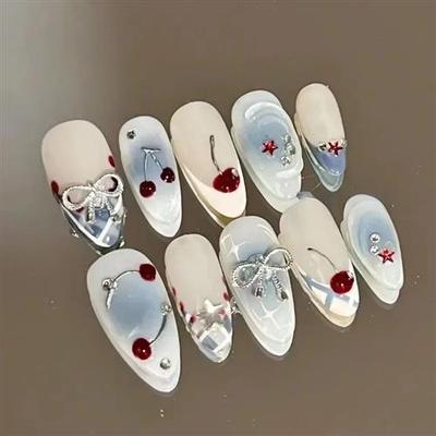 10Pcs Handmade Press on Nails French Almond Full Cover Cherr