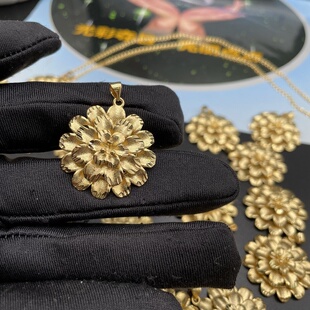 欧美跨境外贸沙金饰品仿黄金项链喷砂富贵牡丹花吊坠黄铜镀24k