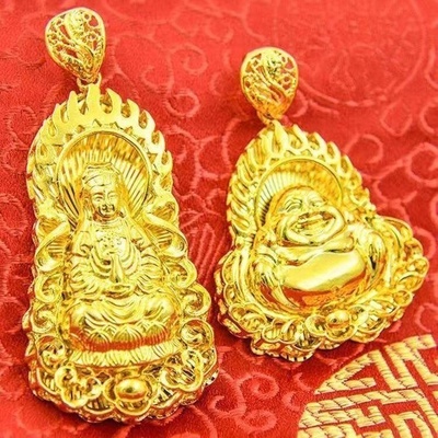 出口欧美跨境外贸沙金饰品吊牌男仿黄金镂空弥勒佛火焰观音吊坠