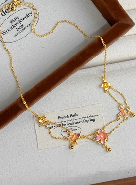 欧美跨境外贸沙金饰品珐琅彩十二花神双线蝶恋花蝴蝶项链手饰首饰