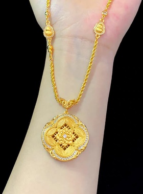 欧美跨境外贸沙金饰品金重工款拉丝葫芦四合如意项链女新中式感