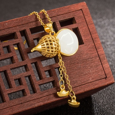 跨境外贸流行简约轻奢感银饰品复古仿和田玉古法金蓝芦吊坠感沙金