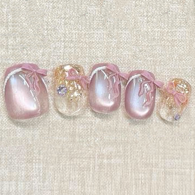 纯手工穿戴美甲高级短款显白温柔甜美粉白月光猫眼法式蝴蝶结亮片