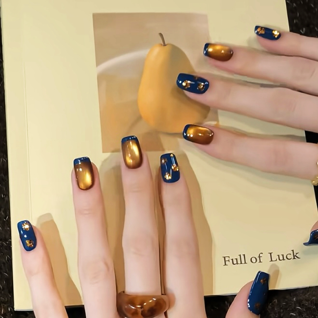 纯手工穿戴美甲短款成品显白温柔猫眼金棕蓝法式复古小花高级感质