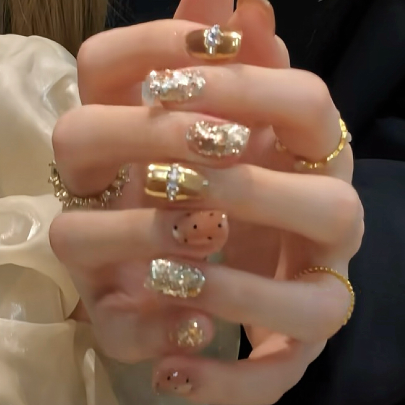 纯手工穿戴美甲短款成品猫眼闪碎钻温柔香槟魔镜白月光粉波点显白