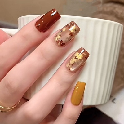纯手工穿戴美甲高级短款香槟金粉猫眼手绘花姜黄红棕复古秋冬显白