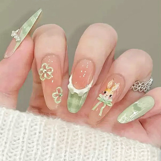 手工穿戴美甲成品长款显白高级清新绿格纹法式裙摆森系少女手绘兔,彩妆/香水/美妆工具,穿戴甲/甲片,淘宝优惠券,粉丝福利购,淘宝优惠卷