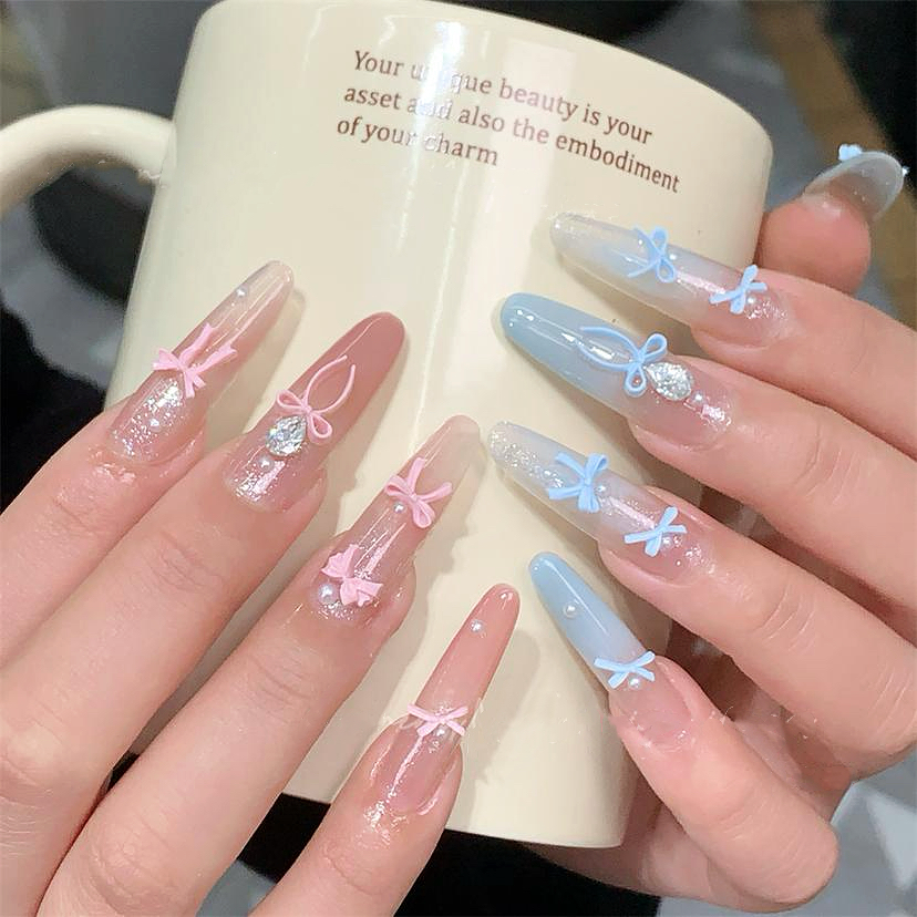 纯手工穿戴美甲成品显白温柔高级长款粉蓝蝴蝶结珍珠闪钻仙女网红