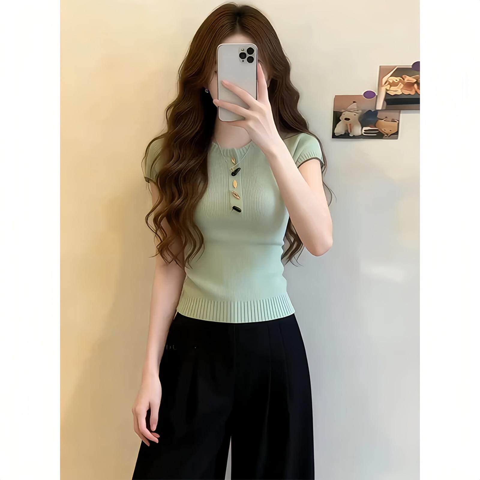 韩系设计感时尚减龄纽扣短袖T恤女夏季新款修身显瘦针织圆领上衣