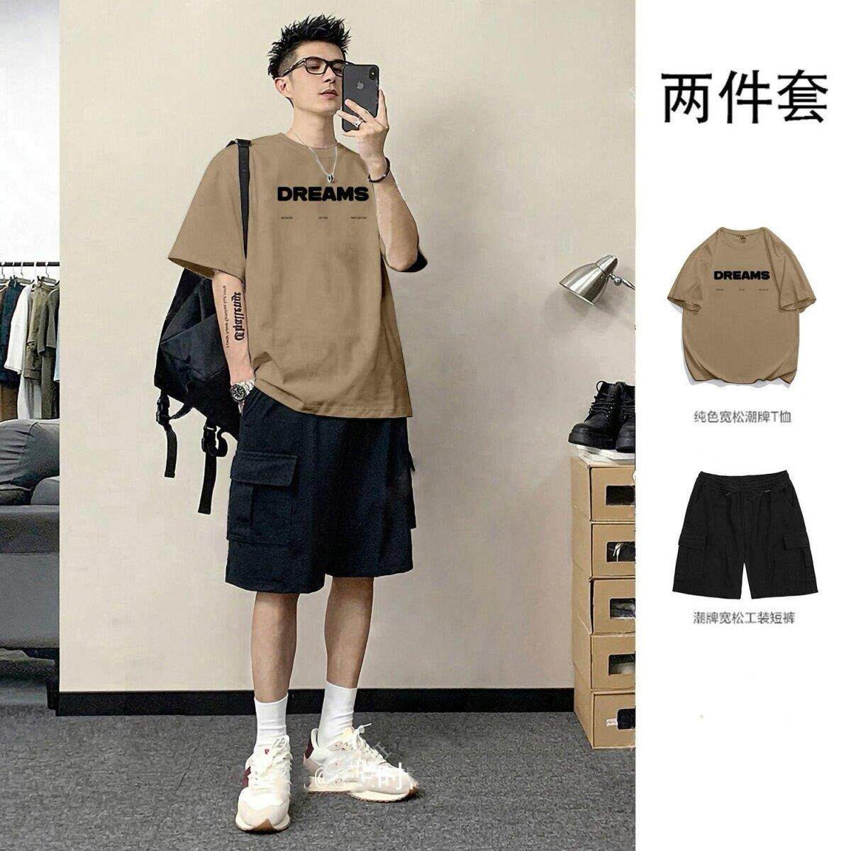 夏季复古日系纯棉t恤男套装宽松短袖短裤帅气男装一套搭配两件套