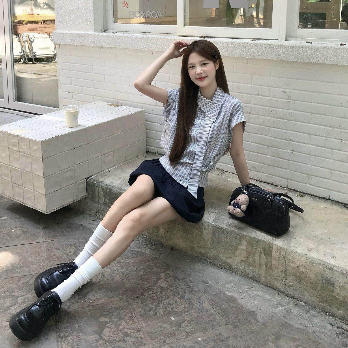 韩系学院风斜领飘带短袖衬衫女夏季新款不规则设计感收腰显瘦上衣