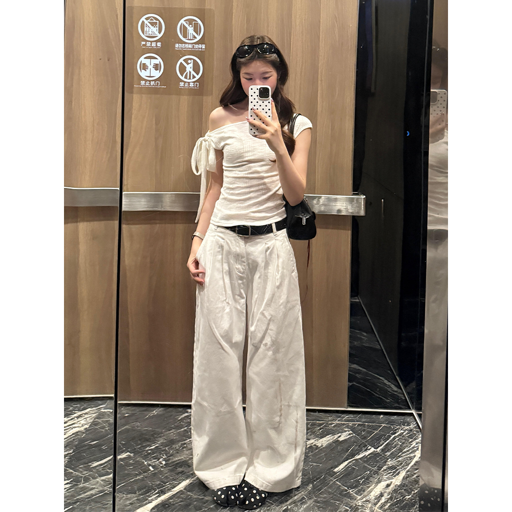 夏日超好看穿搭白色系带露肩短袖上衣高腰阔腿休闲裤套装