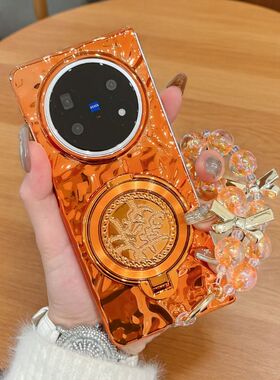 适用vivoxfold5手机壳橙色新款X Fold5发财支架翻盖外壳OPPO Find N5折叠屏电镀硬壳x fold5防摔手链保护套