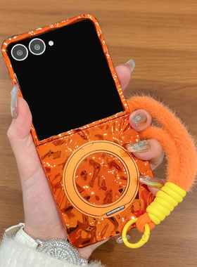 适用三星zflip7手机壳橙色新款Z Flip6解压360支架ZFlip4折叠屏电镀外壳ZFlip4创意硬壳ZFlip3防摔手绳保护套