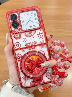 适用华为novaflip手机壳红色花纹新款novaflipS马年支架透明外壳Nova Flip折叠屏电镀硬壳防摔手提链保护套女