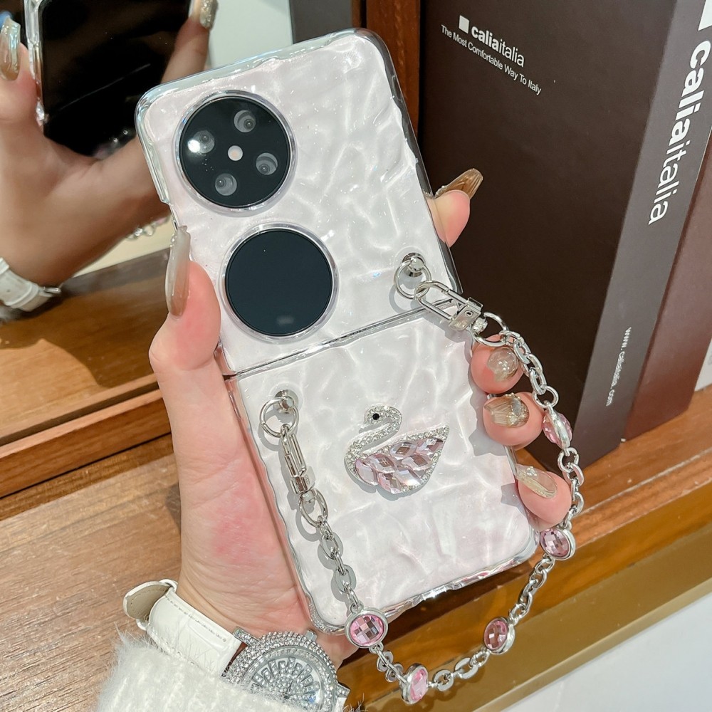 适用华为pocket2手机壳透明水波纹pocketS折叠屏全包个性简约防撞防摔P50pocket水钻天鹅女款螺丝手链保护套