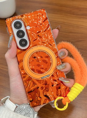 适用三星zfold7手机壳电镀橙色新款Z Fold6解压360支架翻盖外壳Z Fold7折叠屏个性硬壳Z Flip7防摔手绳保护套