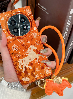 适用OPPOfindn5手机壳新年款橙色Find N5电镀金马外壳Find N5折叠屏翻盖硬壳N2Flip防摔创意玩偶挂件保护套女