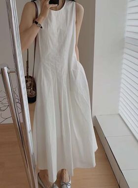 爱依轩 法式温柔风背心长裙女夏新款沙滩裙仙女白色无袖连衣裙子