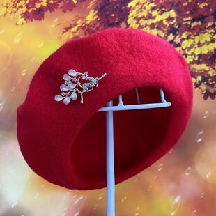 秋冬女帽子羊毛贝雷帽女韩版日系新款时尚水钻蓓蕾帽羊毛呢画家帽