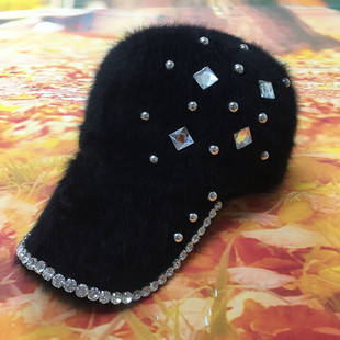 兔毛半球帽女 瘦脸日系水钻休闲百搭鸭舌帽 春秋冬防晒保暖女帽子