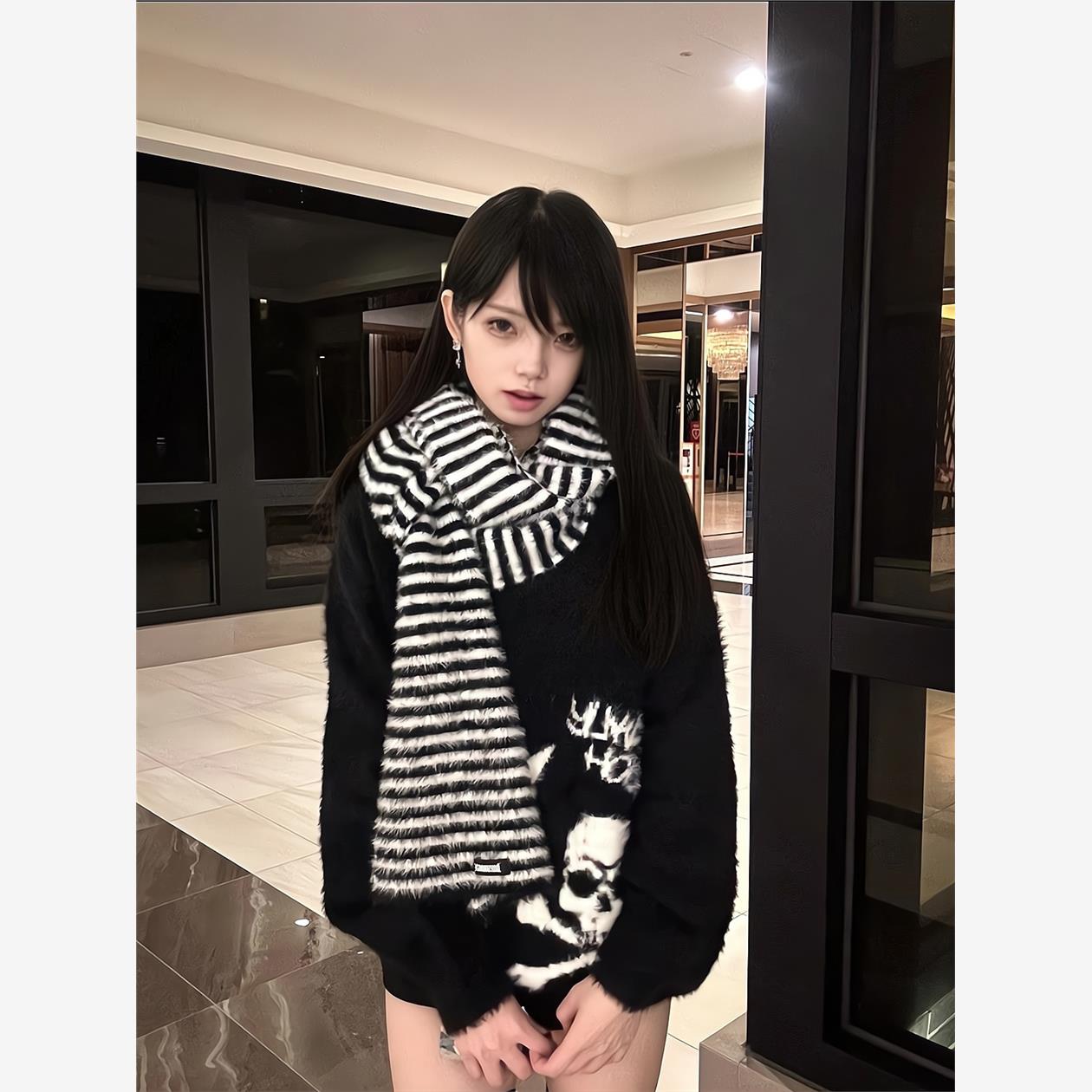 黑色亚比马海毛V领加厚毛衣女秋冬季外套慵懒宽松内搭针织衫上衣