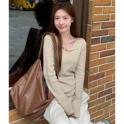 内搭打底纯色V领长袖针织衫女2025初秋新款慵懒风松弛感显瘦上衣