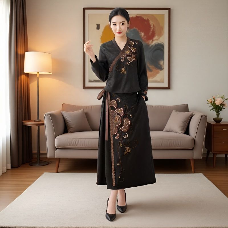 春秋季新款新中式国风复古裙子女士半身裙子刺绣宽松显瘦长裙半裙