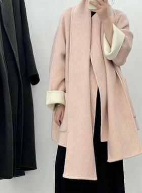 送围巾AB面双面双色中长款双面羊毛大衣加厚保暖宽松深灰羊绒外套