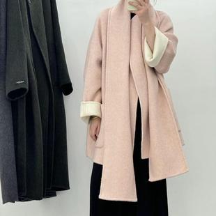 送围巾AB面双面双色中长款双面羊毛大衣加厚保暖宽松深灰羊绒外套