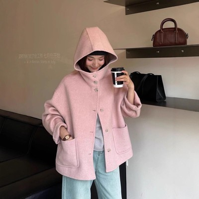 连帽廓形双面羊毛大衣女中长款