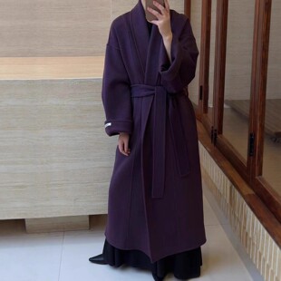 极简风翻领双面羊毛大衣大衣女长款系带浴袍款式红色显瘦质感外套