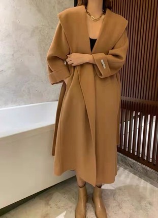 冬季新款双面翻领羊毛大衣女长款 气质腰带双面羊毛毛呢外套