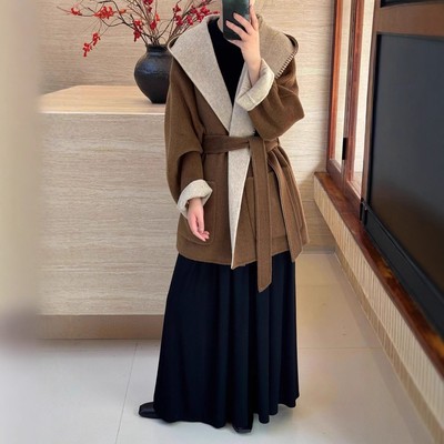 两面穿中长款双面羊毛大衣连帽系带加厚浴袍款简约羊绒毛呢外套女