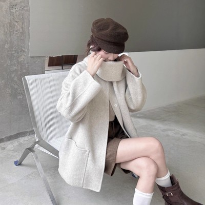 围巾款式加厚双面羊毛大衣外套