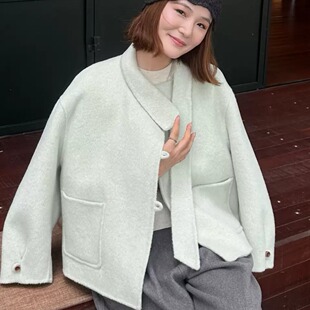 小款围巾双面羊毛大衣短款小个子加厚保暖大口袋羊毛毛呢外套女