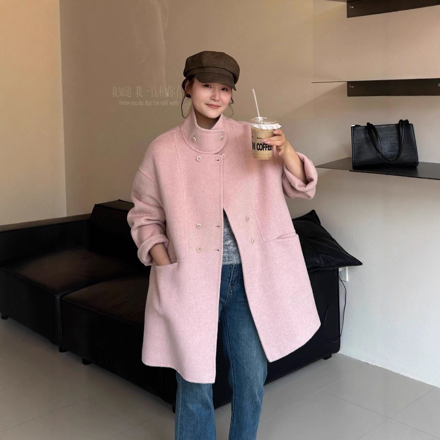 宽松双排扣设计师款立领双面羊毛大衣中长加厚保暖羊毛毛呢外套女