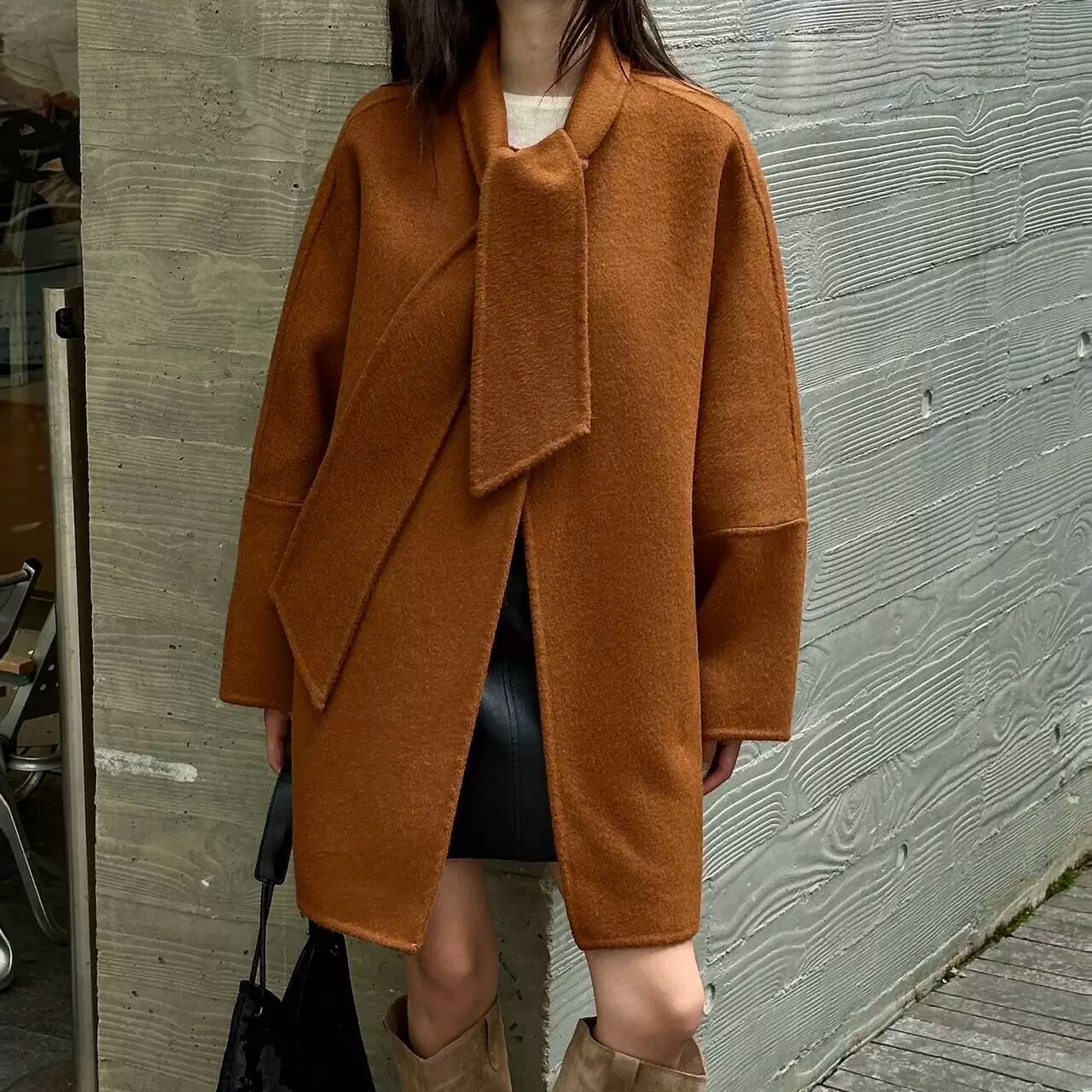 围巾领双面羊毛中长款大衣女