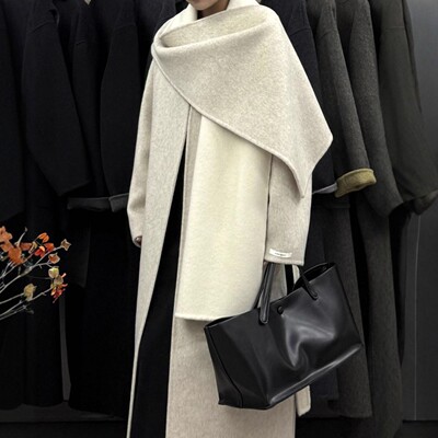 连衣围巾领双面羊毛大衣女长款