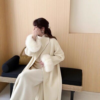 狐狸毛袖长款双面羊毛大衣外套