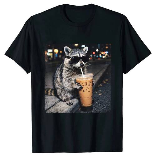 Raccoon Drinking Iced Coffee Funny Animal Meme T-shirts Men