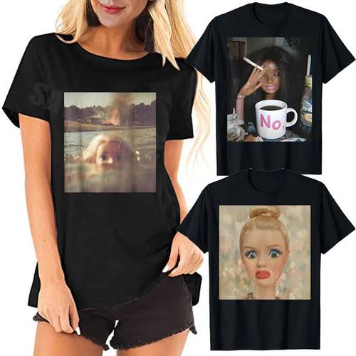 Y2k Cute Distressed Smoking Doll Face Drink Coffee Meme T-Sh
