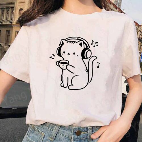 Funny Cute Cat Illustration Printed T-shirts Men Women Summe